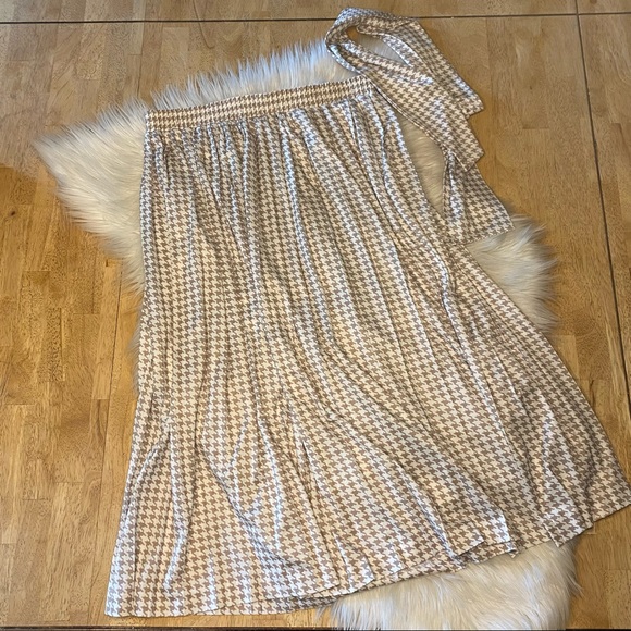 Vintage Beige Houndstooth Pleated Midi Skirt w Belt Tie L - Picture 3 of 10